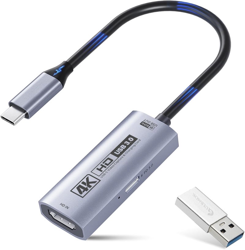 Guermok 4K USB3.0 Video Capture Card with PD 100W, 4K@60FPS or 2K@144FPS HDMI to USB-A/C Capture Card for Streaming, Works with Pad, Tablet, MacOS, Switch2/1, Laptop, PC, Camera, VR, Silver - Image 1